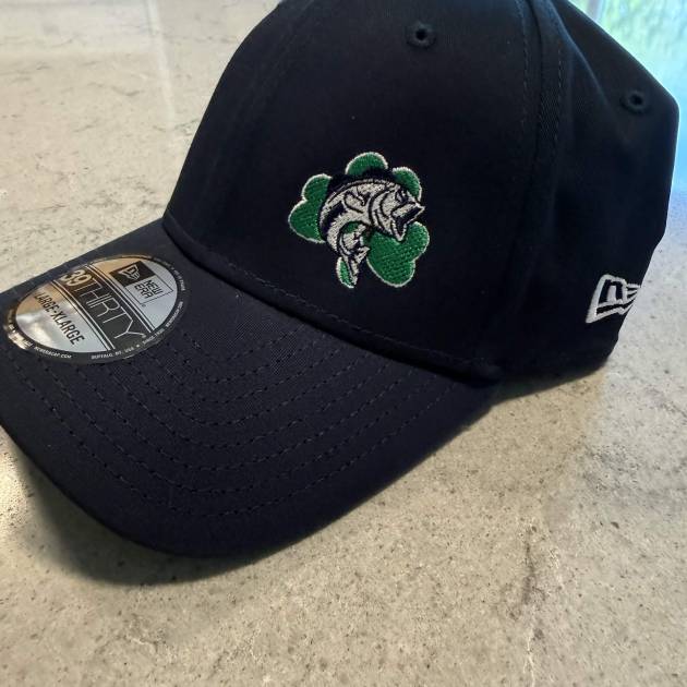 Custom embroidered navy cap with shamrock and bass logo - Flameingo Forge